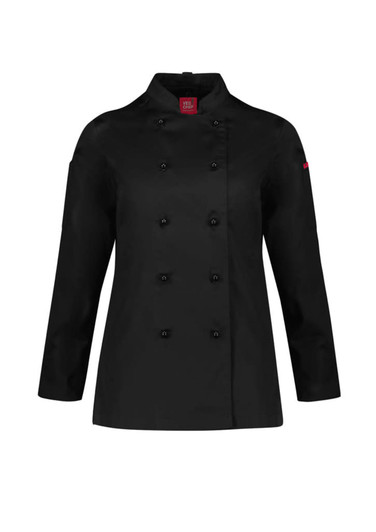 A black long sleeve chef jacket featuring double-breasted buttons and a logo on the sleeve.