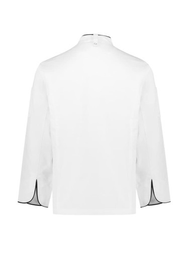 A white long sleeve chef jacket with black detailing, featuring a collar and tailored fit. Includes a logo on the sleeve.