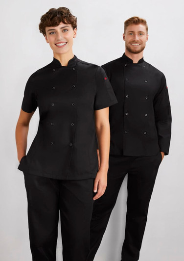 A short sleeve black jacket designed for women, featuring a double-breasted style and accompanied by matching black pants.