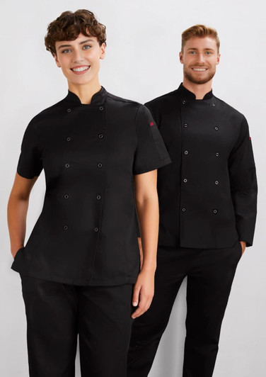 A black long sleeve chef jacket is displayed on a man and a woman, both posed in a uniform setting.