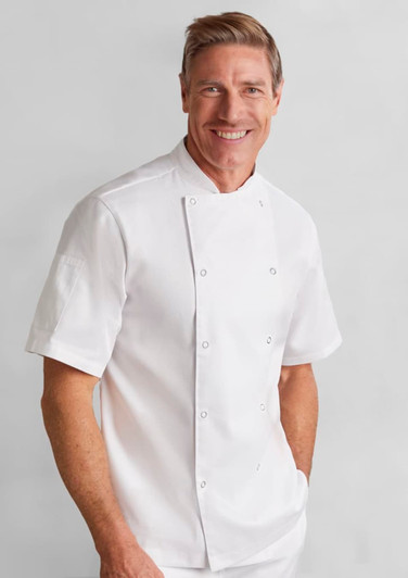 A white short sleeve chef jacket for men, featuring a double-breasted design and a logo on the left side.