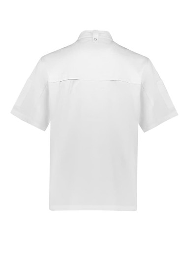 A short sleeve chef jacket in white, featuring a back view with a collar and side pockets. It has a logo.