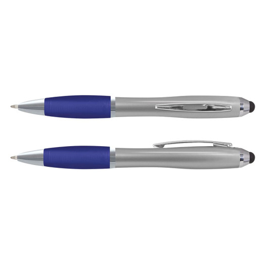 A stylus pen with a silver body and blue accents, featuring a comfortable grip and a clip on the side.