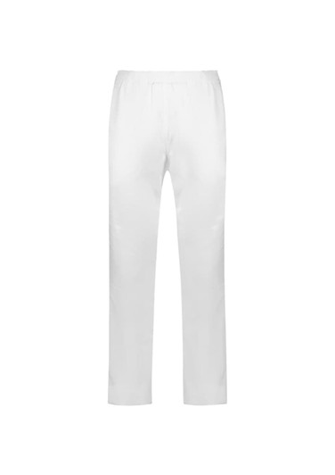 A pair of white track pants featuring an elasticised waistband and a logo.