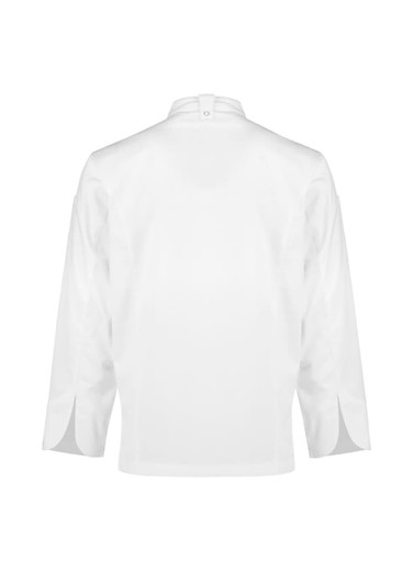A white long sleeve chef jacket featuring a high collar and side slits, with a logo on the back.