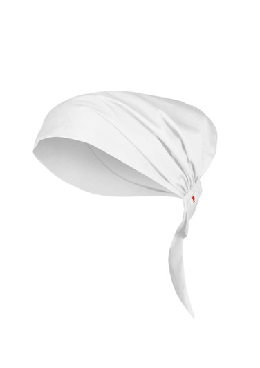 A white chef bandana with a tied design, featuring a logo on the side.