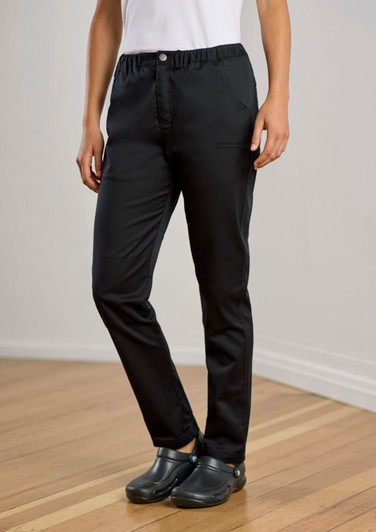 Women's black chef pants with an elastic waistband, styled for a comfortable fit, featuring a side pocket and a logo.