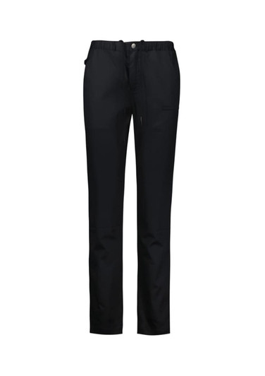 A pair of black chef pants with a relaxed fit and an elastic waistband, featuring pockets and a button closure.