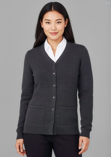 A women's dark grey button-front knit cardigan with two front pockets and a V-neckline.
