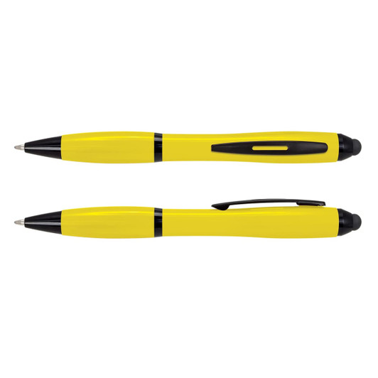 A yellow stylus pen with black accents, featuring a sleek design and a branding logo.