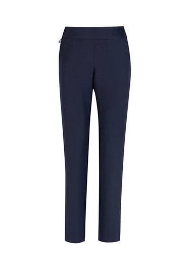 A pair of women's stretch pants in navy, featuring a sleek design and an elastic waistband.