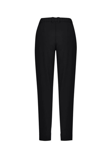 A pair of black women's slim leg pants with a comfort waist design, featuring a waistband and pockets.