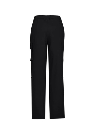 Black women's comfort waist cargo pants with side pockets and a simple design, featuring a logo on the waistband.