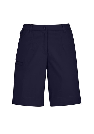Navy women's cargo shorts featuring a comfort waist and side pockets, designed for casual wear.