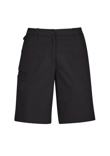 A pair of women's black cargo shorts with side pockets and a waistband. Features a logo on the garment.