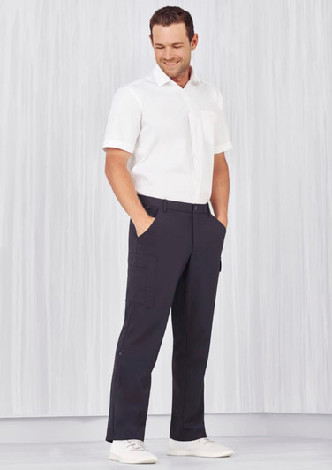 Mens cargo pants in navy blue, featuring multiple pockets and a comfortable waist design, styled with a white shirt.