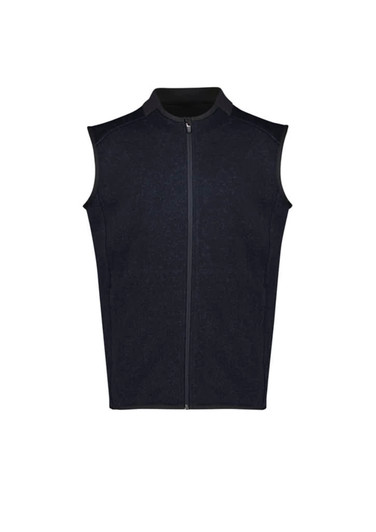 A sleeveless black vest with a zip front and a high collar. It features a subtle texture and has a logo.