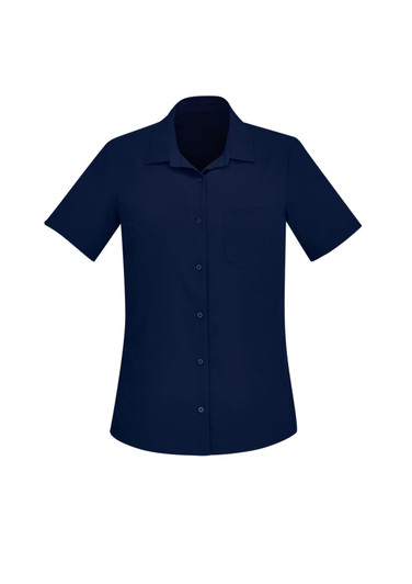 A short sleeve women's shirt in navy blue with a collar and a front pocket. It features buttons and has a logo.