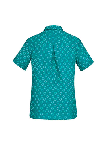 A short sleeve button-up shirt in teal with a white daisy print design. Features a back vent for added comfort.