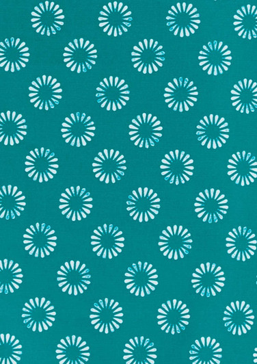 A teal fabric featuring a white daisy print pattern, with various floral designs evenly spaced throughout.