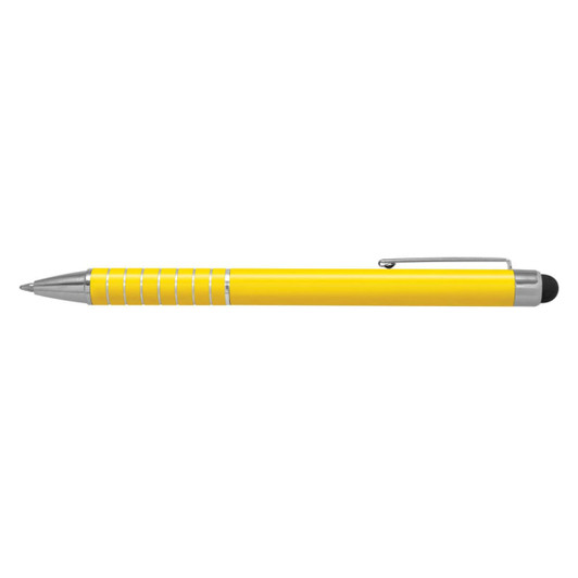 A yellow touch stylus pen with a silver clip and details, featuring a rubber tip for touchscreen use.