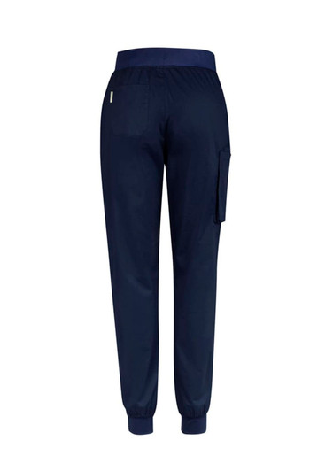 Navy blue women's jogger scrub pants with an elastic waistband and a side pocket. Features a logo on the back.