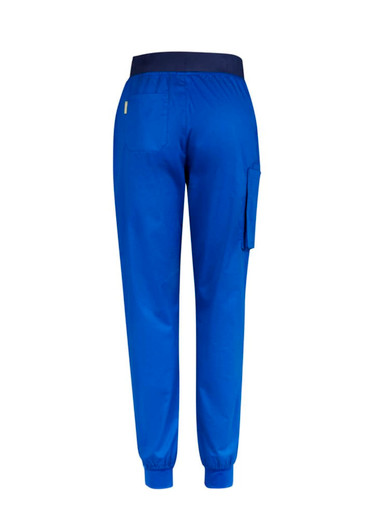 A pair of blue men's slim leg jogger scrub pants featuring an elastic waistband and pockets.