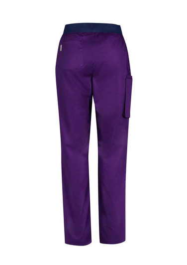 Purple women's straight leg scrub pants featuring a back pocket and a side cargo pocket. Includes a branded logo.