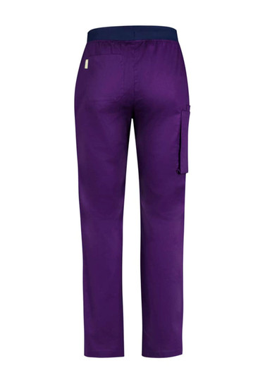 Purple straight leg scrub pants featuring a back pocket and side cargo pocket, with an elastic waistband.