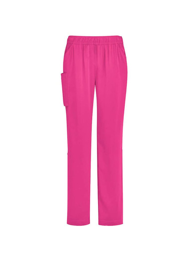 Unisex pink scrub pants with an elastic waistband and a side pocket. Features a smooth, lightweight fabric.