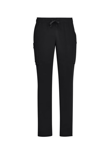 Black straight leg scrub pants with side pockets and an elastic waistband. Includes a drawstring and logo branding.