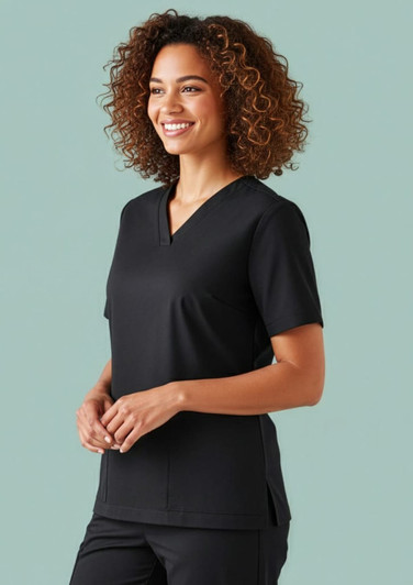 A black women's scrub top with a v-neck and short sleeves, featuring a logo on the fabric.