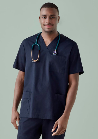 A navy blue men's scrub top with a pocket, featuring a logo and a stethoscope around the neck.