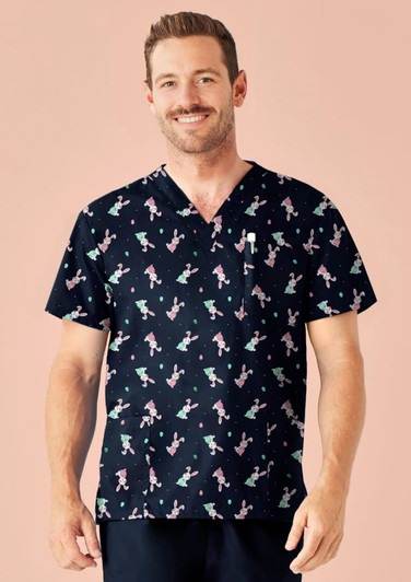 A men's V-neck short sleeve scrub top in navy with a colourful Easter-themed pattern featuring bunnies.