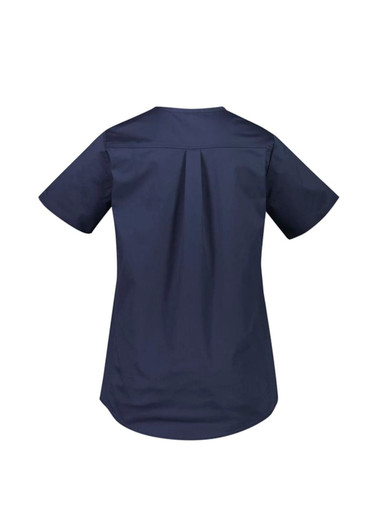 A navy women's scrub top with a short sleeve design and a pleated back. Features a logo on the garment.