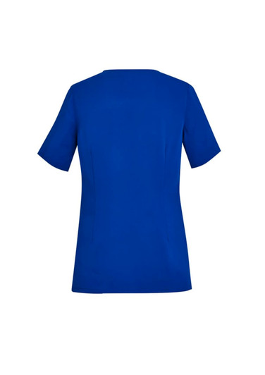 A blue women's scrub top featuring a round neck and short sleeves, with a logo on the back.