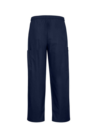 Navy blue unisex scrub cargo pants with side pockets and an elastic waistband. Features branding logo.