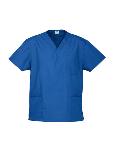 A blue unisex scrub top featuring a V-neck design and pockets, with a logo on the label.