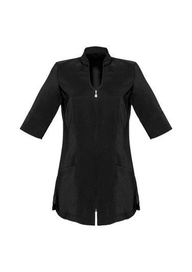 A black women's tunic with a zip front, short sleeves, and pockets, featuring a logo on the design.