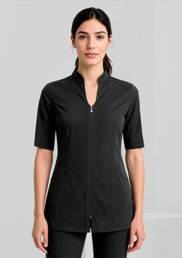 A black women's tunic with a zip front and short sleeves, featuring two front pockets. The tunic has a logo.