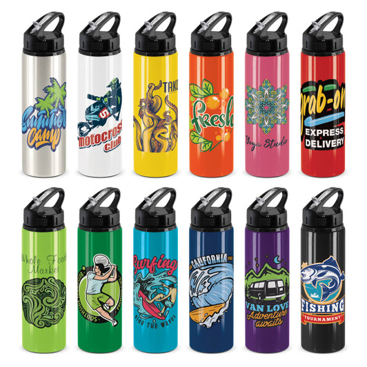 A drink bottle collection featuring various vibrant colours and designs, including illustrations and a logo on each bottle.