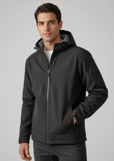 A men's soft shell jacket in black with a hood, featuring a front zip and side pockets. Includes a branding logo.