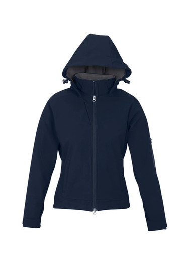 A navy soft shell jacket for women featuring a hood and zippered front, with a logo on the arm.