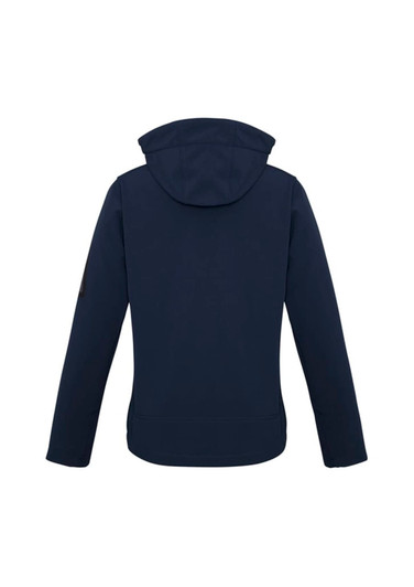 A navy blue women's soft shell jacket featuring a hood and a logo on the sleeve.
