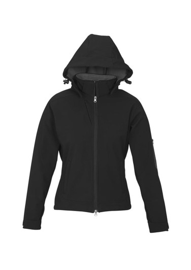 A black women's soft shell jacket with a hood and zippered front, featuring a side pocket and logo detail.