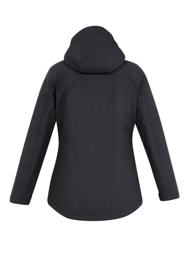 A women's rain jacket in dark grey with a hood, featuring a simple design and a logo on the back.