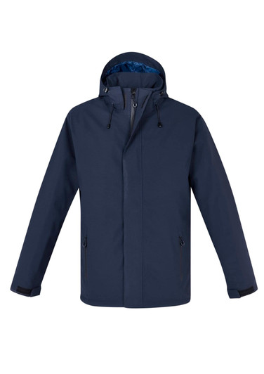 A navy rain jacket with a hood, featuring side pockets and a partial zip. It includes an inner layer in a contrasting colour.