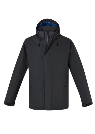 A dark grey rain jacket featuring a hood and zip pockets, with a blue inner lining and a noticeable logo.