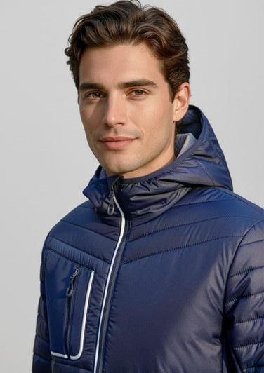 A navy unisex patrol jacket featuring a hood and zippered pockets, with a logo on the chest.
