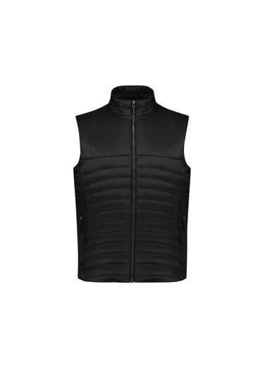 A black men's expedition vest with a zip front and padded design, featuring side pockets and a high collar.